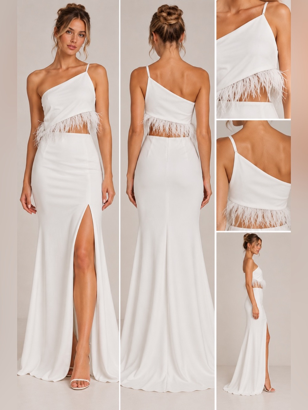 Lulus White Feather Trim One Shoulder Cutout Maxi Dress Small